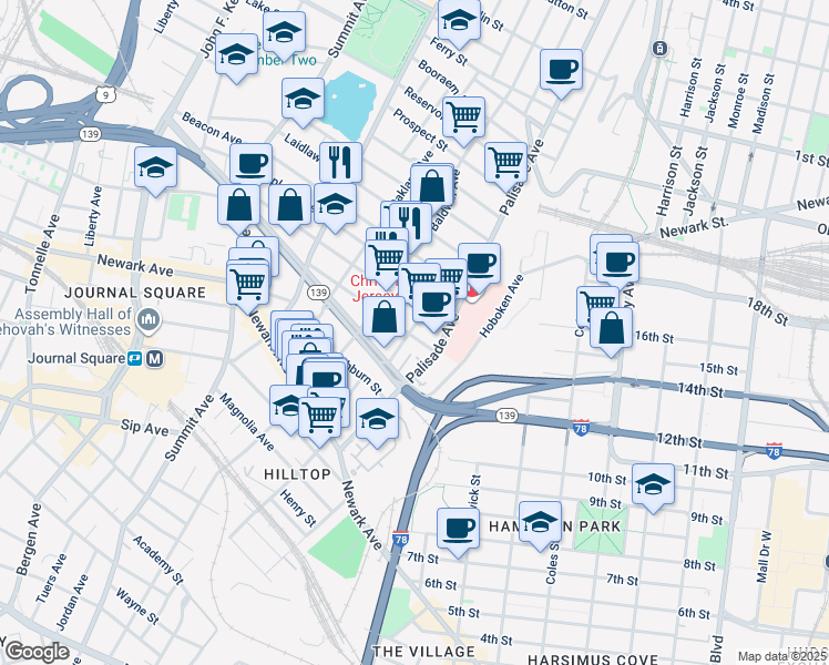 map of restaurants, bars, coffee shops, grocery stores, and more near 22 Saint Pauls Avenue in Jersey City