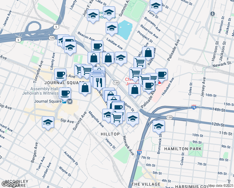 map of restaurants, bars, coffee shops, grocery stores, and more near 393 Hoboken Avenue in Jersey City