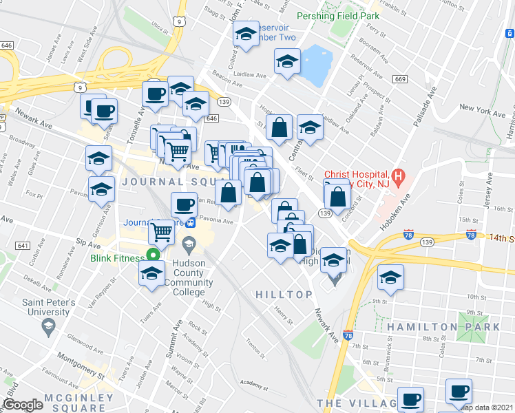 map of restaurants, bars, coffee shops, grocery stores, and more near 634 Newark Avenue in Jersey City