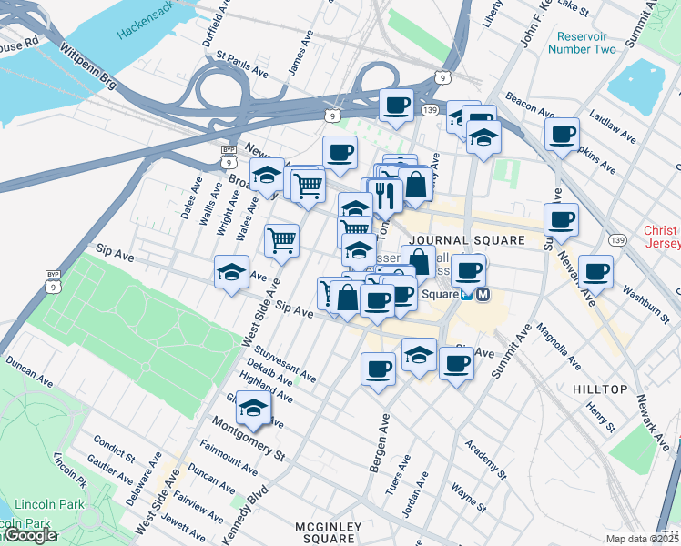 map of restaurants, bars, coffee shops, grocery stores, and more near 866 Pavonia Avenue in Jersey City