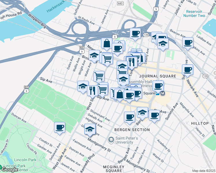 map of restaurants, bars, coffee shops, grocery stores, and more near 110 Corbin Avenue in Jersey City