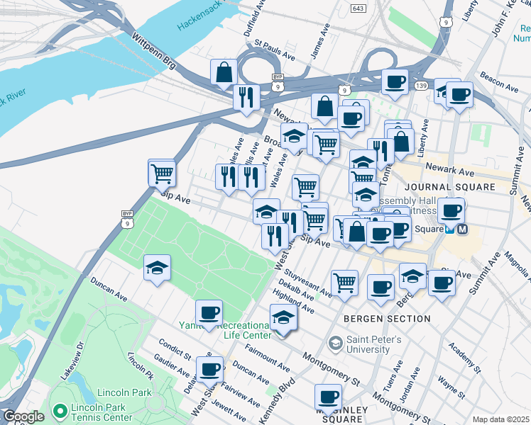 map of restaurants, bars, coffee shops, grocery stores, and more near 9 Wales Avenue in Jersey City
