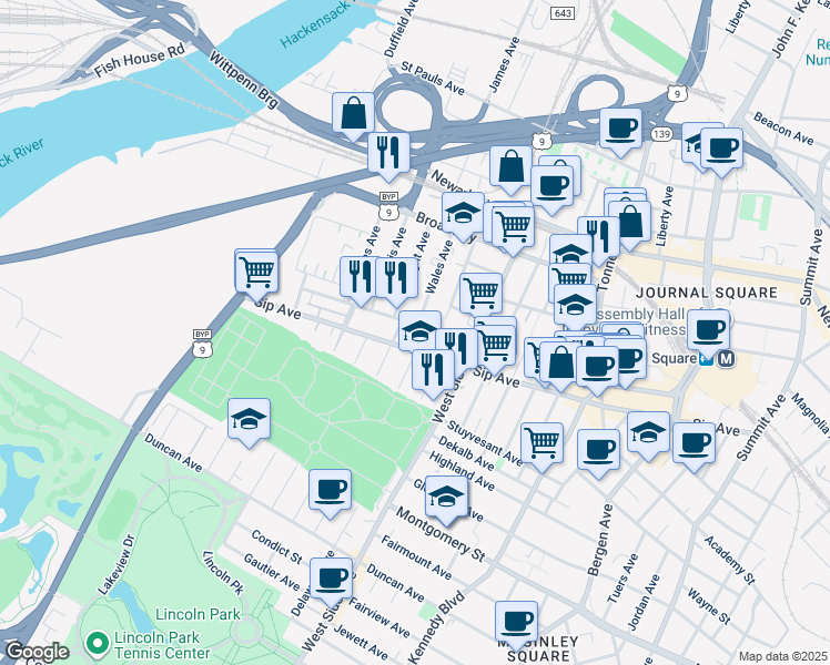 map of restaurants, bars, coffee shops, grocery stores, and more near 9 Wales Avenue in Jersey City