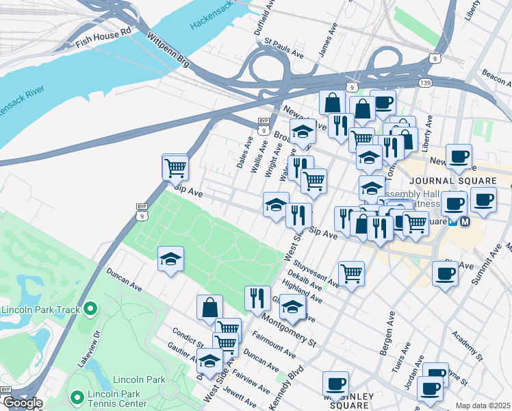 map of restaurants, bars, coffee shops, grocery stores, and more near 83 Logan Avenue in Jersey City