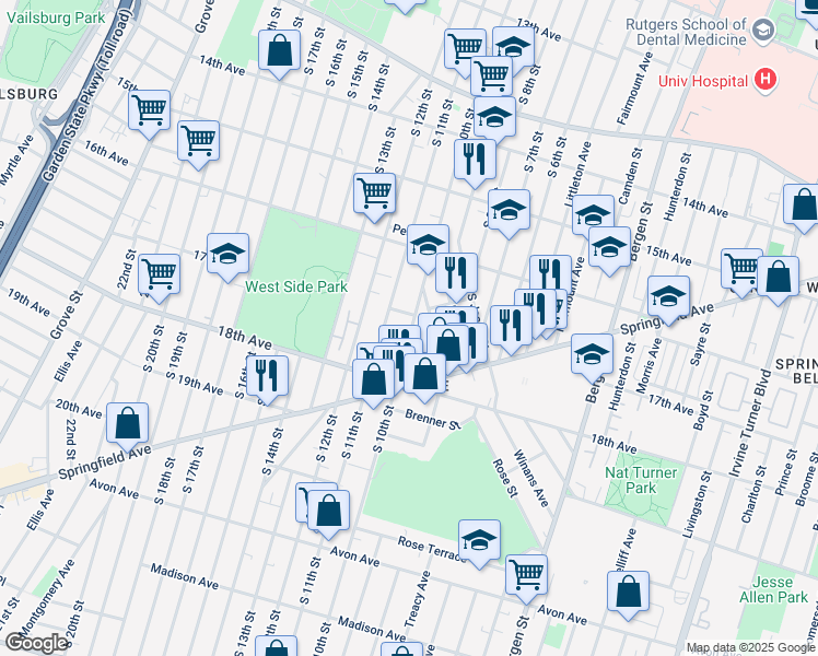 map of restaurants, bars, coffee shops, grocery stores, and more near 12 Belgium Street in Newark