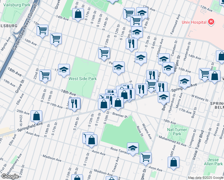 map of restaurants, bars, coffee shops, grocery stores, and more near 12 Belgium Street in Newark