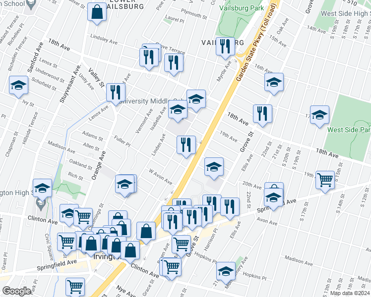 map of restaurants, bars, coffee shops, grocery stores, and more near 22 Delmar Place in Irvington