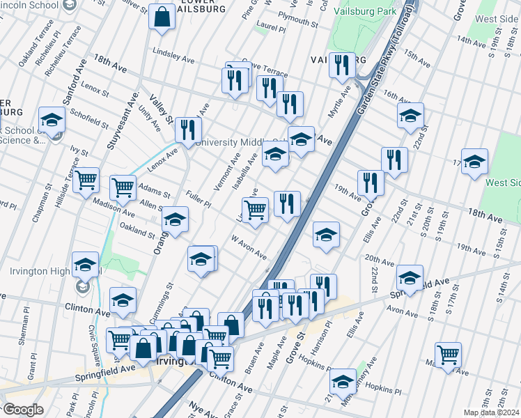 map of restaurants, bars, coffee shops, grocery stores, and more near 47 Delmar Place in Irvington