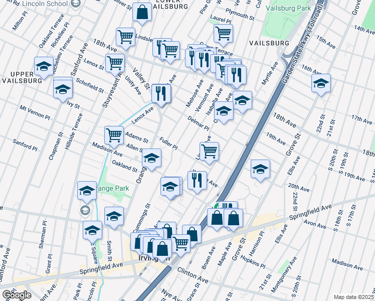map of restaurants, bars, coffee shops, grocery stores, and more near 320 Vermont Avenue in Irvington