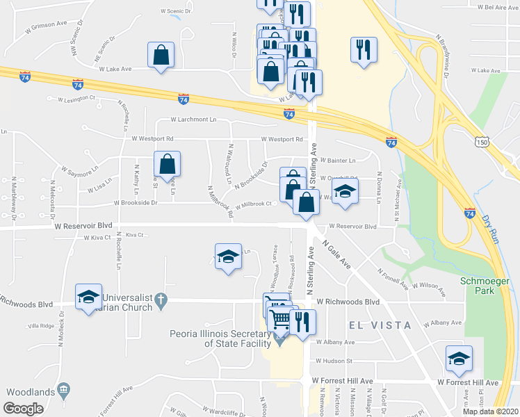 map of restaurants, bars, coffee shops, grocery stores, and more near 2731 West Millbrook Court in Peoria