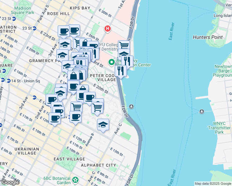 map of restaurants, bars, coffee shops, grocery stores, and more near 601 East 20th Street in New York