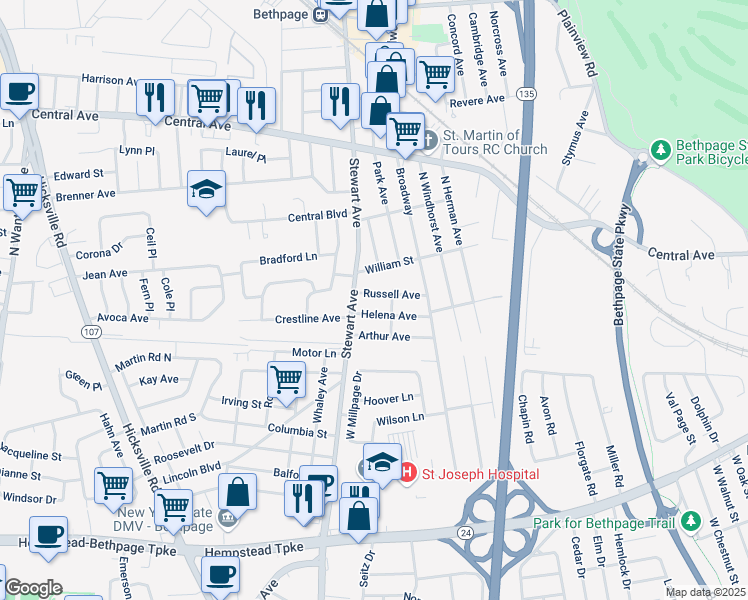 map of restaurants, bars, coffee shops, grocery stores, and more near 12 William Street in Bethpage