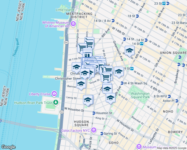 map of restaurants, bars, coffee shops, grocery stores, and more near 113 Christopher Street in New York