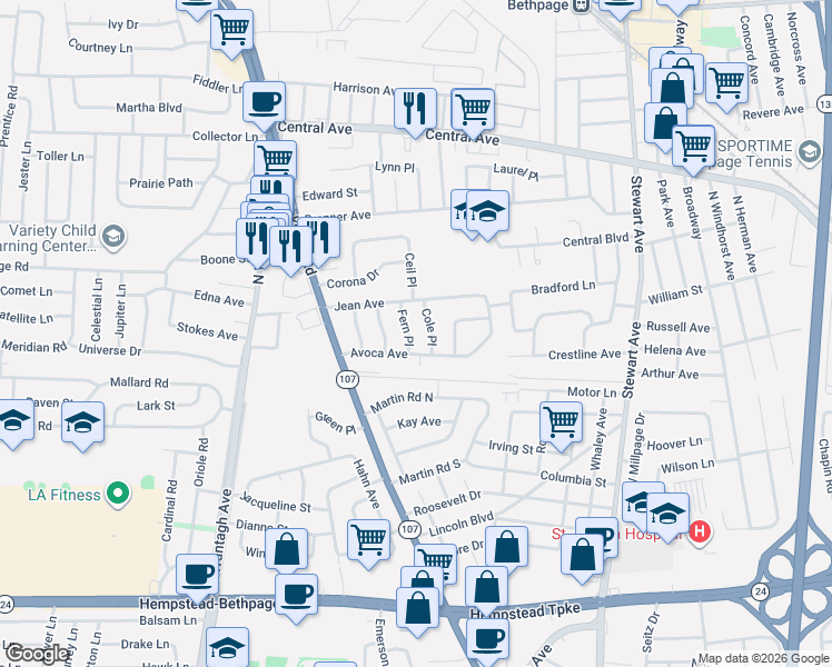 map of restaurants, bars, coffee shops, grocery stores, and more near 433 Cole Place in Bethpage