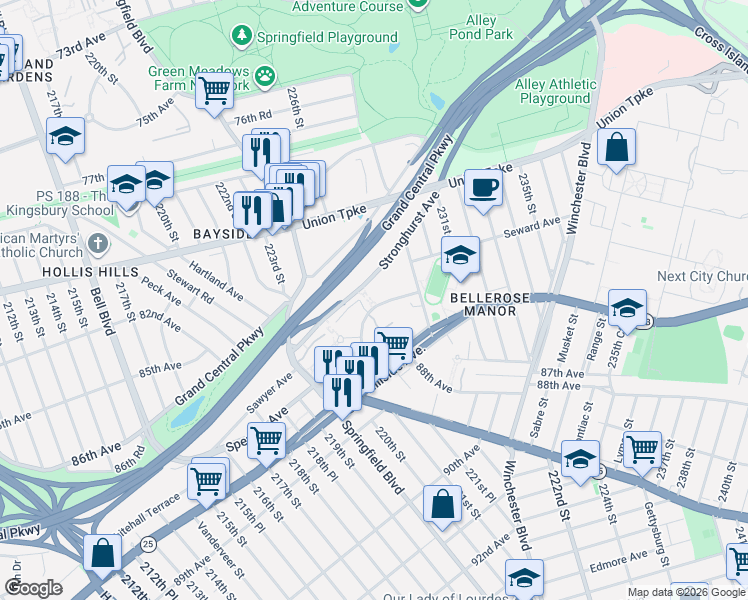 map of restaurants, bars, coffee shops, grocery stores, and more near 25 Stronghurst Avenue in Queens