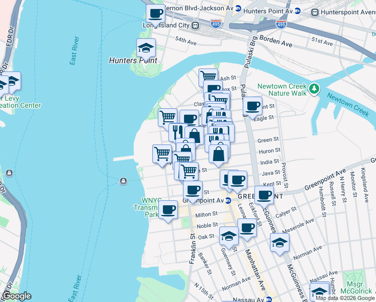 map of restaurants, bars, coffee shops, grocery stores, and more near 100 Green Street in Brooklyn