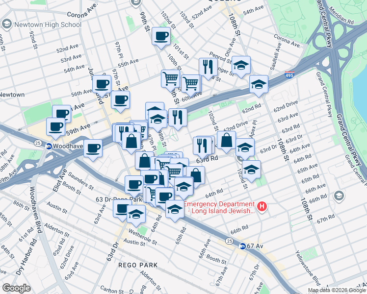 map of restaurants, bars, coffee shops, grocery stores, and more near 98-20 62nd Drive in Queens