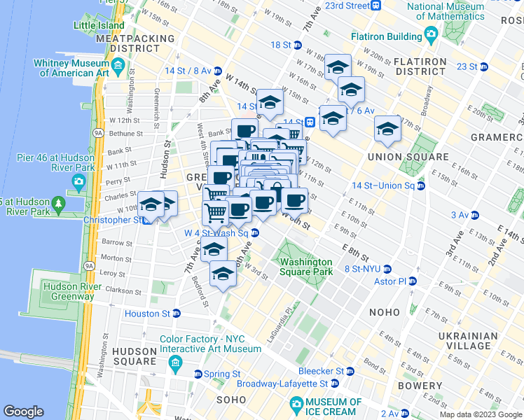 map of restaurants, bars, coffee shops, grocery stores, and more near 395 6th Avenue in New York