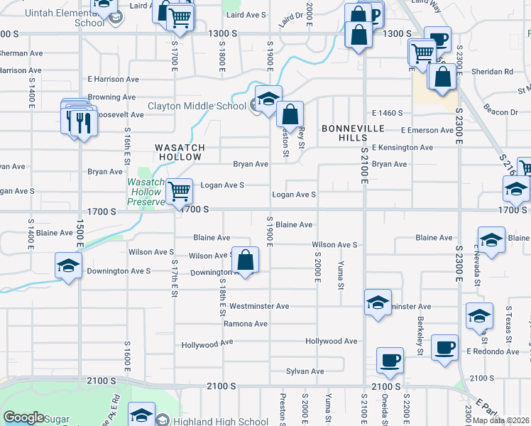 map of restaurants, bars, coffee shops, grocery stores, and more near 1624 South 1900 East in Salt Lake City