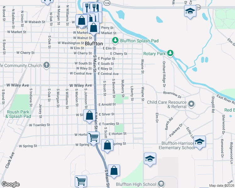 map of restaurants, bars, coffee shops, grocery stores, and more near 311 East Ohio Street in Bluffton