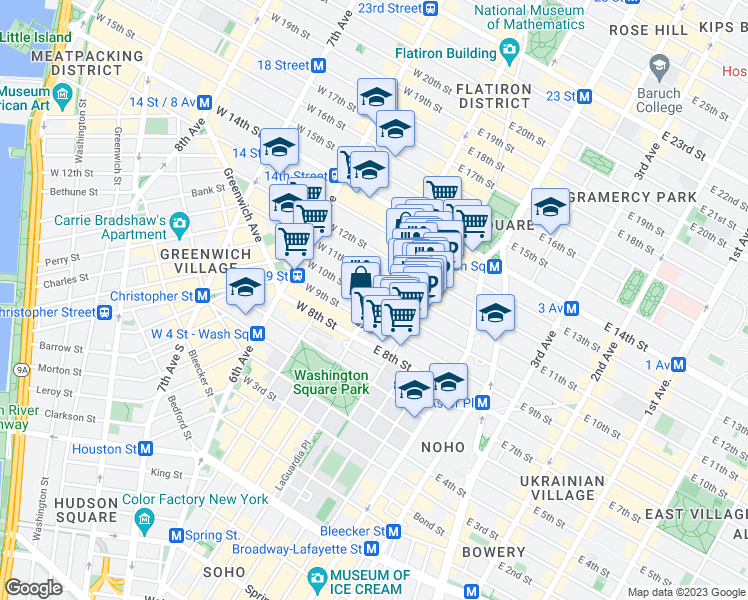 map of restaurants, bars, coffee shops, grocery stores, and more near 5th Avenue & West 10th Street in New York