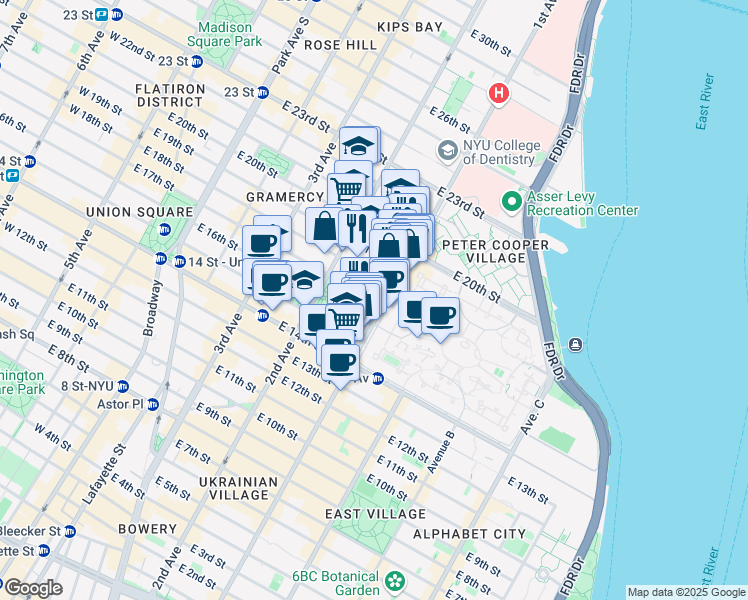 map of restaurants, bars, coffee shops, grocery stores, and more near 355 East 17th Street in New York