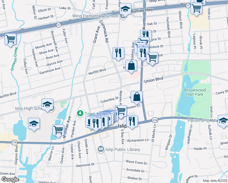 map of restaurants, bars, coffee shops, grocery stores, and more near 2680 Union Boulevard in Islip
