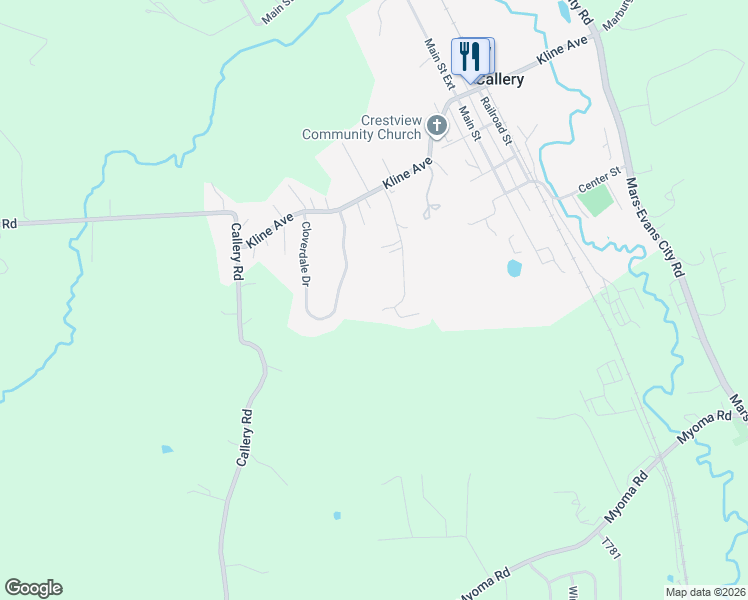 map of restaurants, bars, coffee shops, grocery stores, and more near 134 Elgin Lane in Evans City