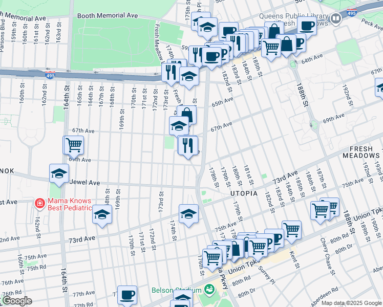 map of restaurants, bars, coffee shops, grocery stores, and more near 175-17 68th Avenue in Queens