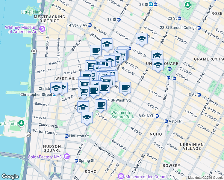 map of restaurants, bars, coffee shops, grocery stores, and more near 55 West 8th Street in New York