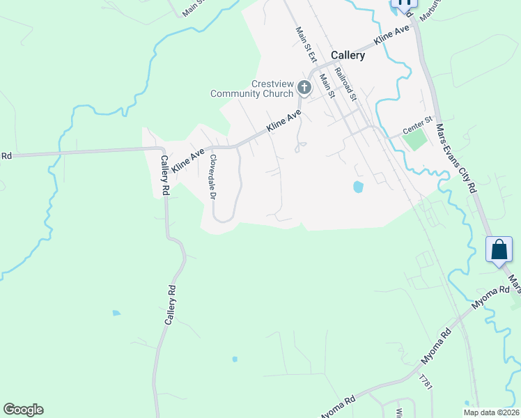 map of restaurants, bars, coffee shops, grocery stores, and more near 134 Elgin Lane in Evans City