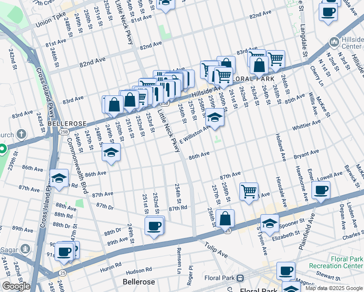 map of restaurants, bars, coffee shops, grocery stores, and more near 255-19 East Williston Avenue in Queens