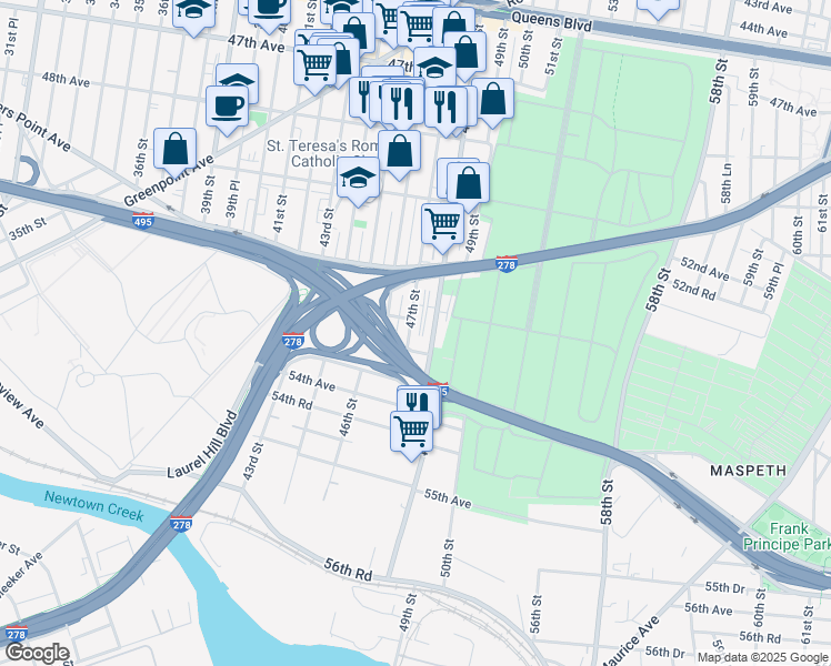 map of restaurants, bars, coffee shops, grocery stores, and more near 51-55 47th Street in Queens