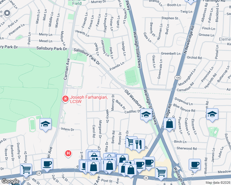 map of restaurants, bars, coffee shops, grocery stores, and more near 4316 Salisbury Park Drive in East Meadow