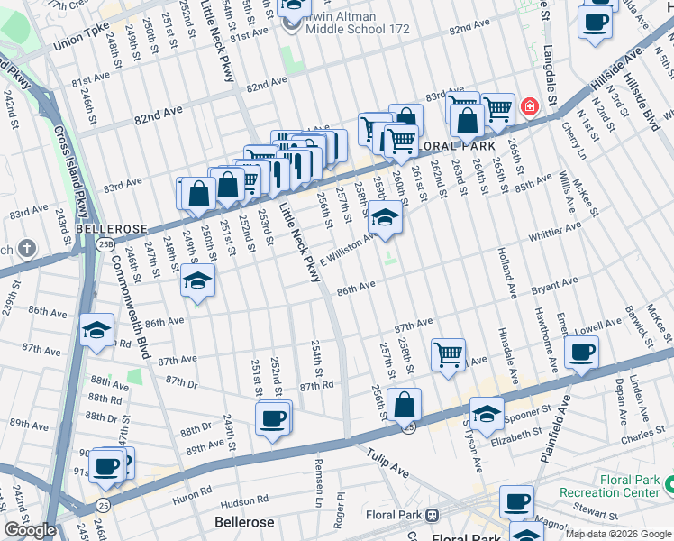 map of restaurants, bars, coffee shops, grocery stores, and more near 255-19 East Williston Avenue in Queens