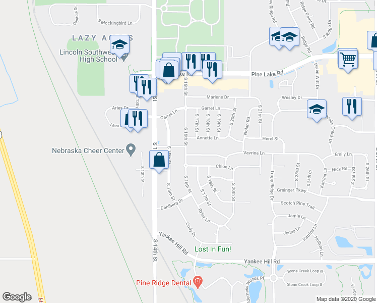 map of restaurants, bars, coffee shops, grocery stores, and more near 1600 Vavrina Lane in Lincoln