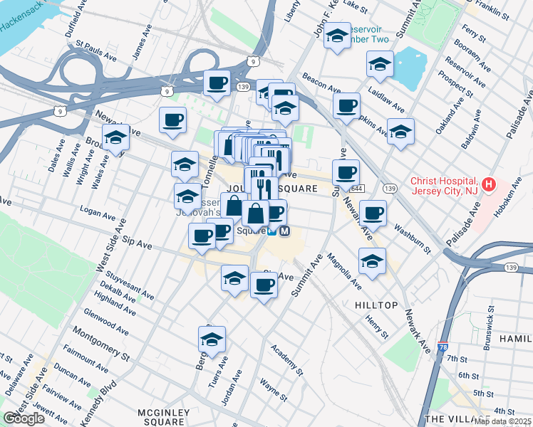 map of restaurants, bars, coffee shops, grocery stores, and more near 2 Journal Square Plaza in Jersey City