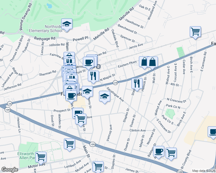 map of restaurants, bars, coffee shops, grocery stores, and more near 601 Conklin Street in Farmingdale