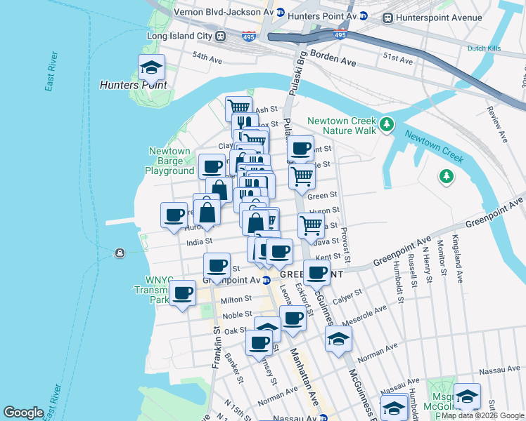 map of restaurants, bars, coffee shops, grocery stores, and more near 1024 Manhattan Avenue in Brooklyn
