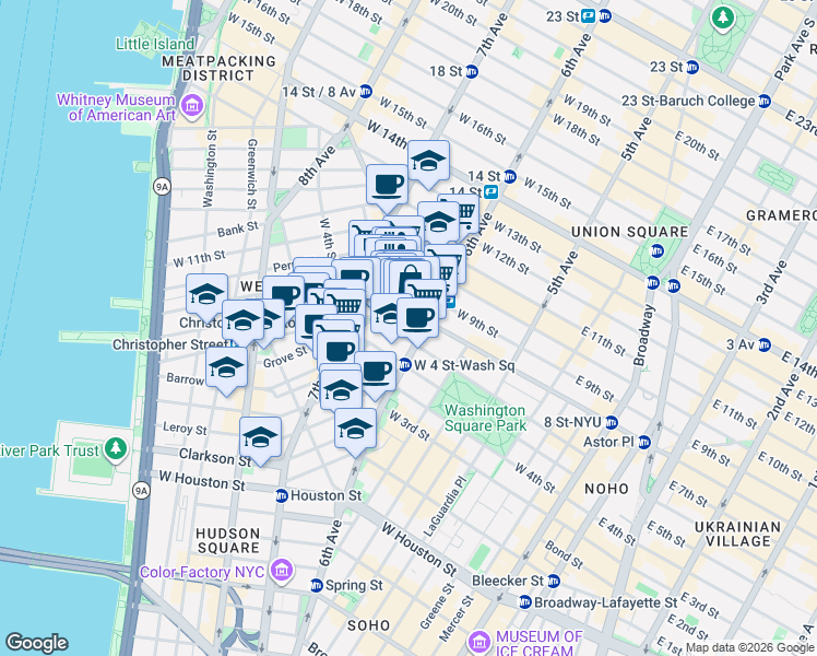 map of restaurants, bars, coffee shops, grocery stores, and more near 169 Waverly Place in New York
