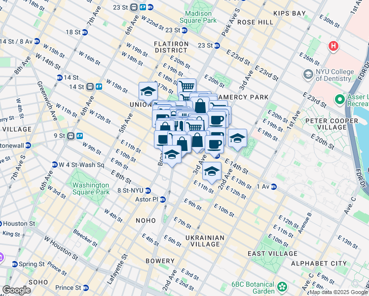 map of restaurants, bars, coffee shops, grocery stores, and more near 115 East 13th Street in New York