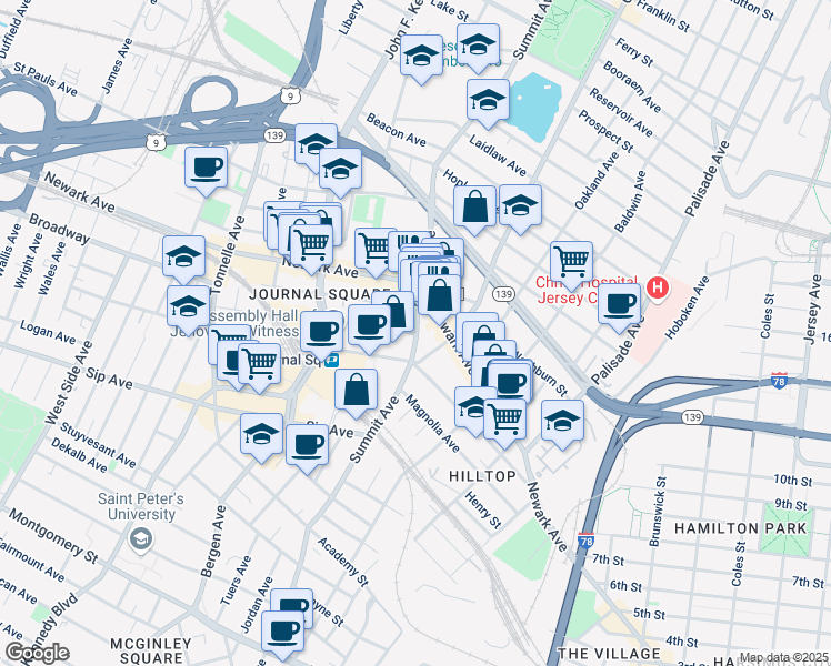 map of restaurants, bars, coffee shops, grocery stores, and more near 564 Summit Avenue in Jersey City