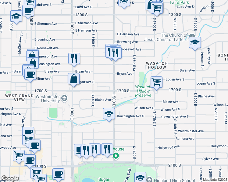 map of restaurants, bars, coffee shops, grocery stores, and more near 1700 S 1500 E in Salt Lake City