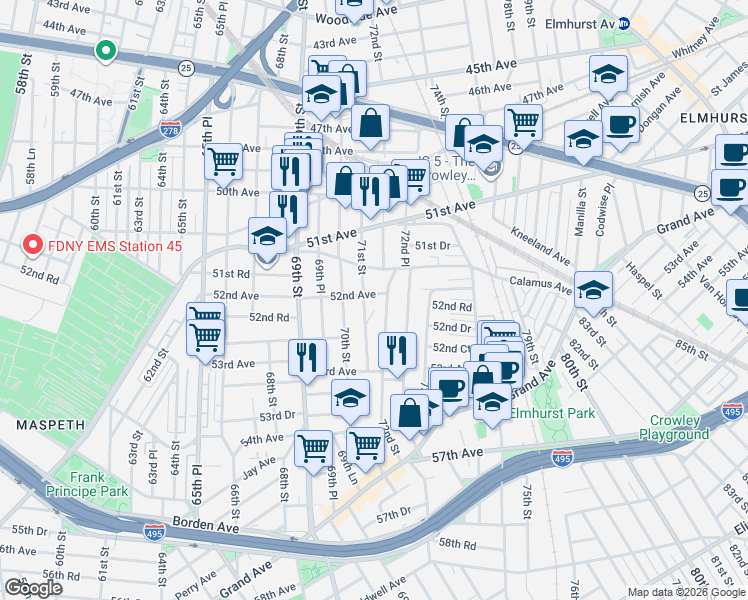map of restaurants, bars, coffee shops, grocery stores, and more near 51-59 71st Street in Queens