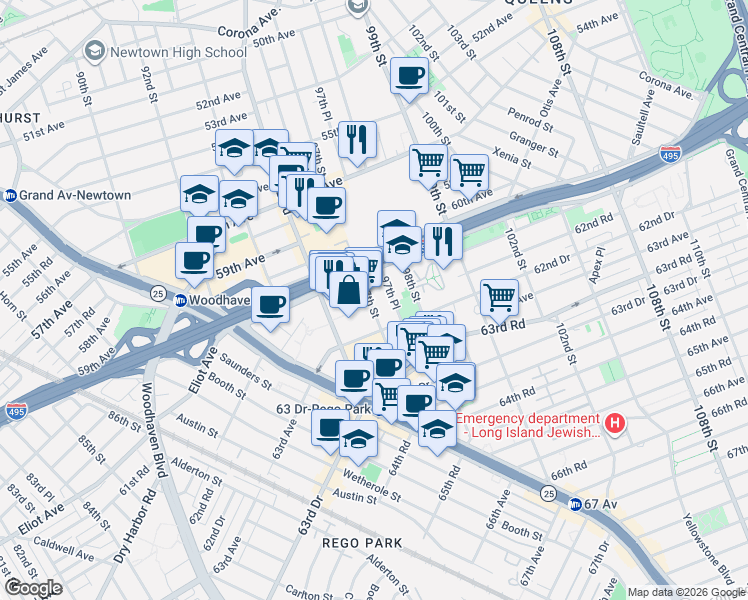 map of restaurants, bars, coffee shops, grocery stores, and more near 61-25 97th Street in Queens