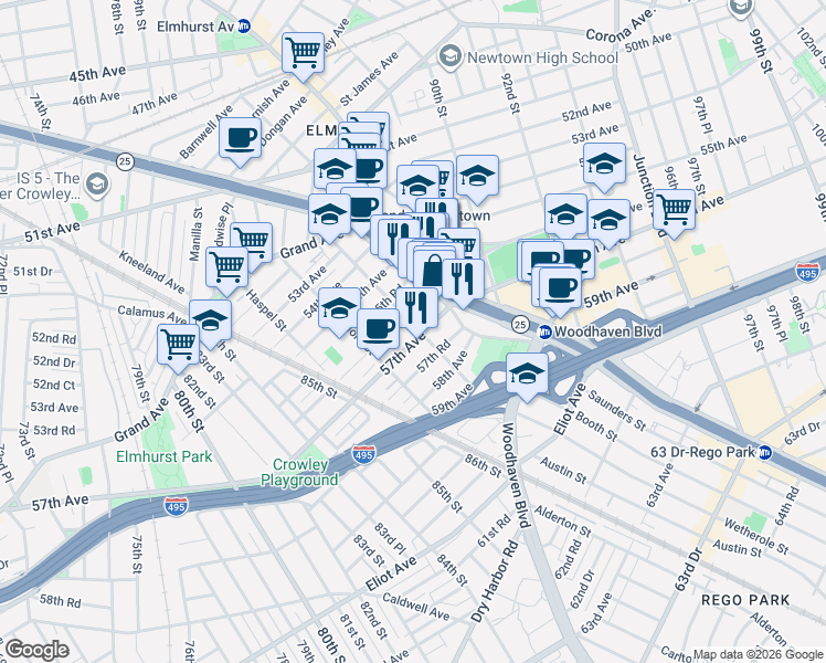 map of restaurants, bars, coffee shops, grocery stores, and more near in Queens