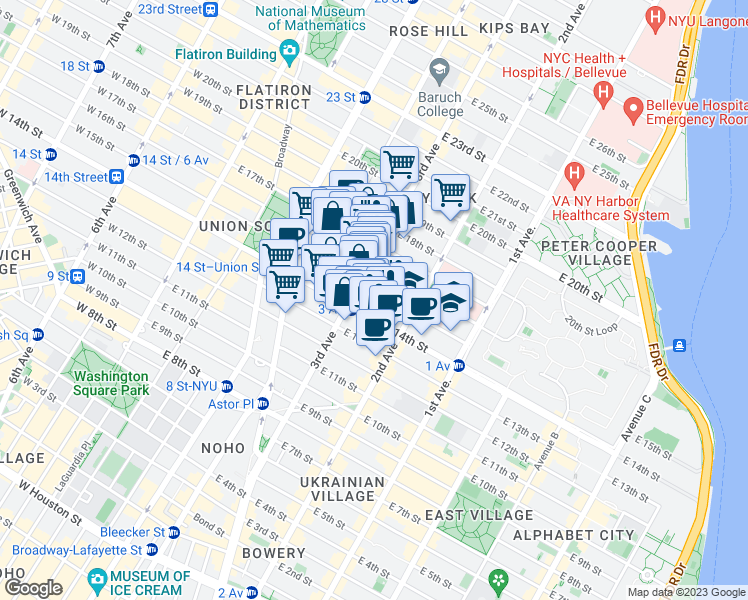 map of restaurants, bars, coffee shops, grocery stores, and more near 207 East 15th Street in New York