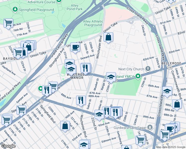 map of restaurants, bars, coffee shops, grocery stores, and more near Hillside Avenue & Winchester Blvd in Queens