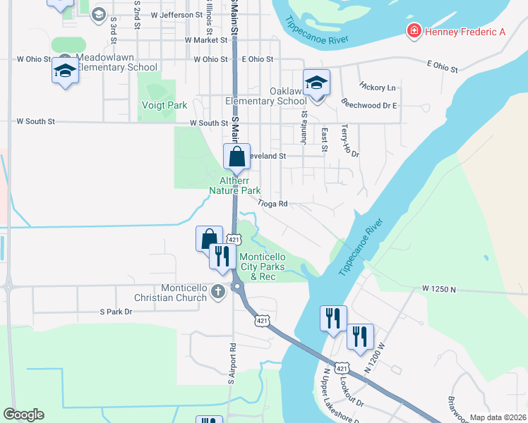 map of restaurants, bars, coffee shops, grocery stores, and more near 220 Armory Road in Monticello