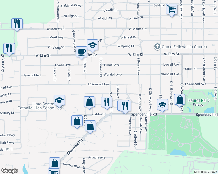 map of restaurants, bars, coffee shops, grocery stores, and more near 2406 Lakewood Ave in Lima